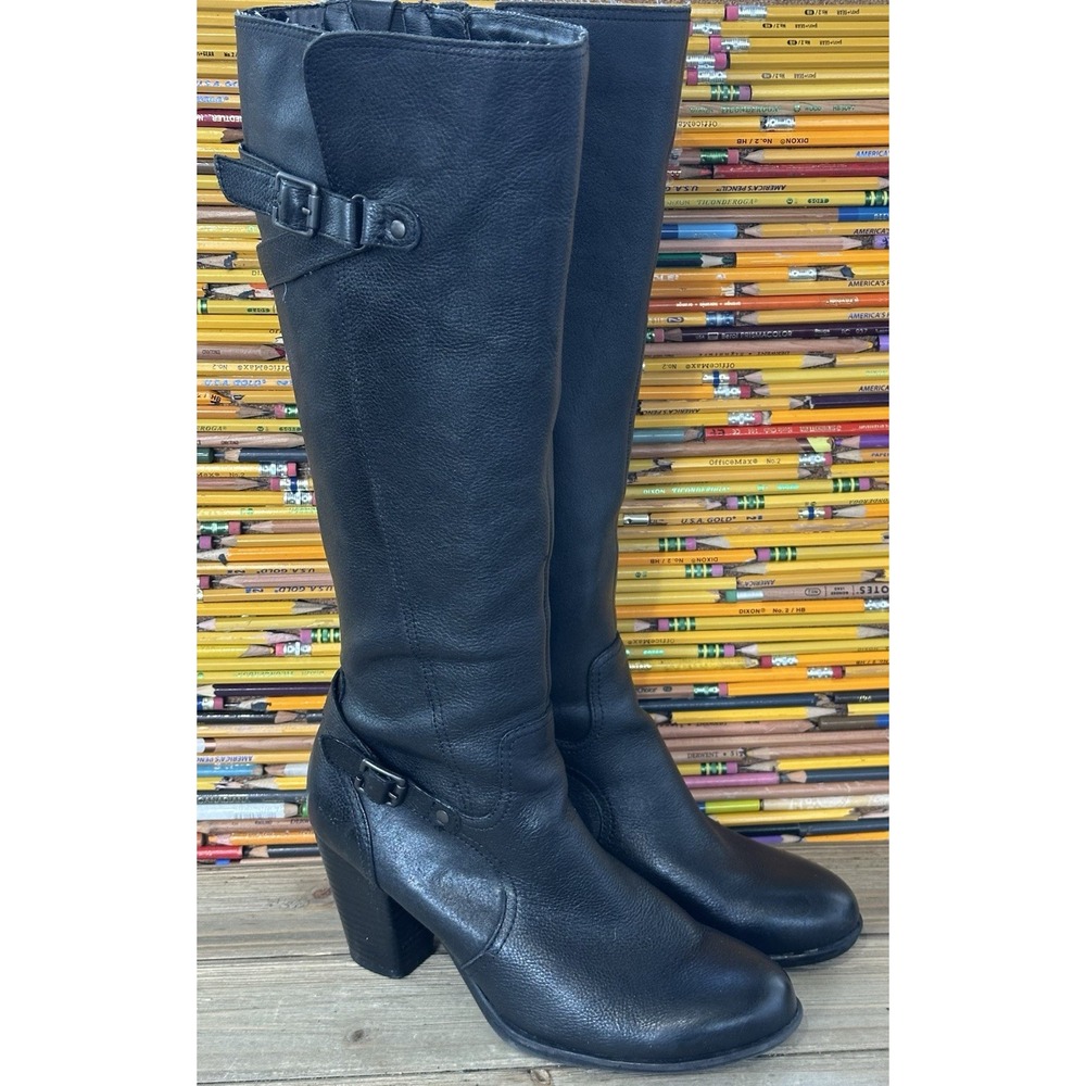 Born Leather Black Tall Boots Heeled Pebbled Buckle City office Women's Sz 7.5